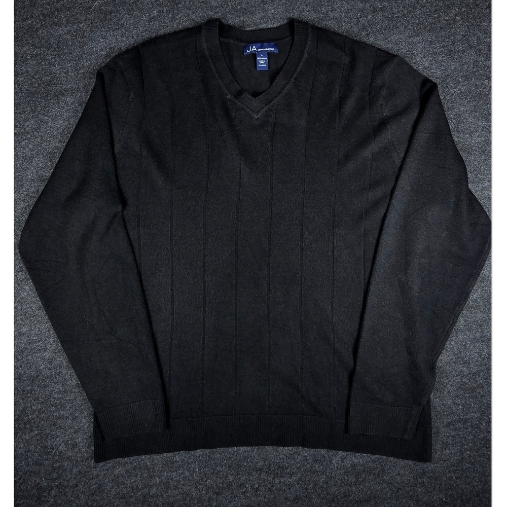 John Ashford Men's Black Knit V-Neck Pullover Sweater Office Casual Soft Size L